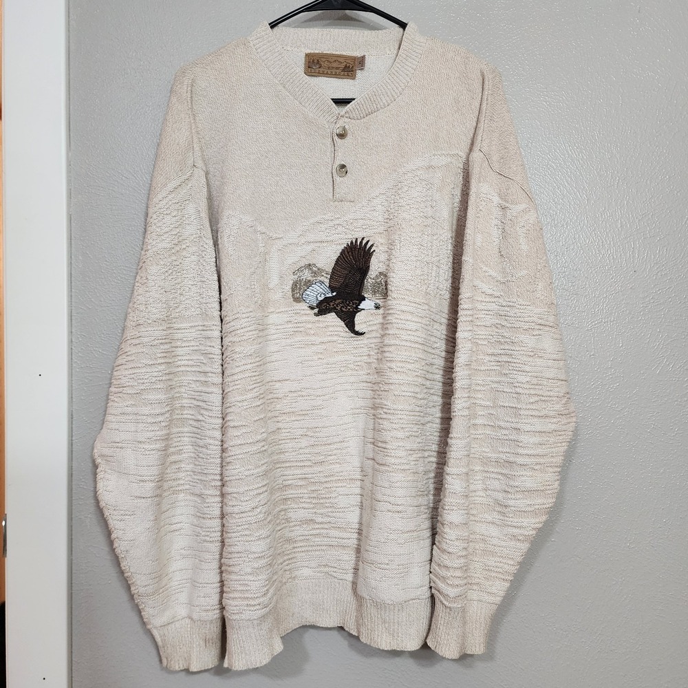 Vintage Shenandoah Men XL Sweater Textured Knit Eagle Graphic Hen Neck Pullover